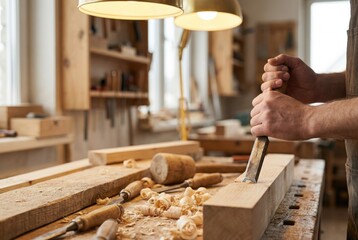Crafting wood pieces in a workshop using hand tools, focusing on chiseling and shaping at a workbench during daylight hours