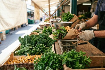 Fresh vegetables and herbs being weighed at a local market in the morning