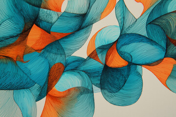 Abstract Blue and Orange Curved Shapes with Textured Stained Glass Style Pattern