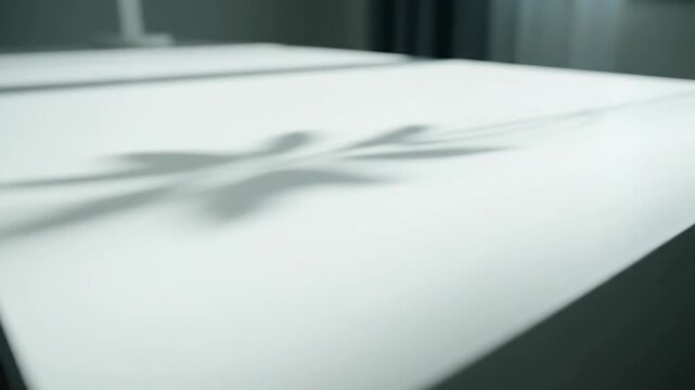 Abstract minimalist white table surface with plant shadow pattern, clean background.