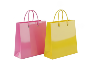 Two Glossy Shopping Bags Pink and Yellow With Matching Handles Against Black Background