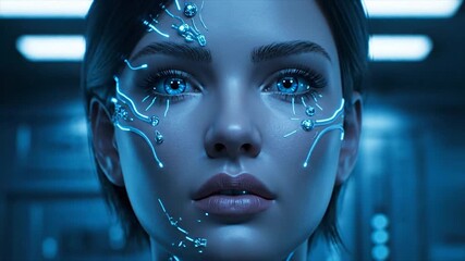 Futuristic Woman with Glowing Facial Implants and Cybernetic Eyes. - Powered by Adobe
