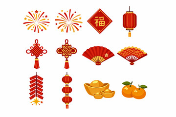 Naklejka premium Chinese New Year Icon Grid with Fireworks Knots and Fans Flat Vector Design