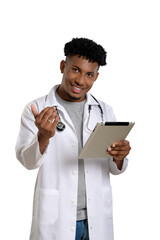 Friendly doctor holding a digital tablet.