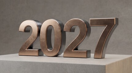 Large metallic 2027 numbers on concrete block with gray background for future and new year concepts with digits and numeric and date and time