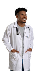 A smiling young African-American doctor, wearing a lab coat and holding a stethoscope.