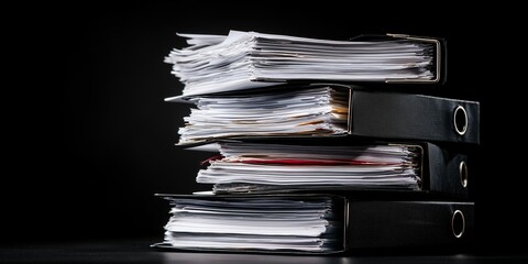 Stack of legal documents in binders on a black background, focus on paperwork and organization