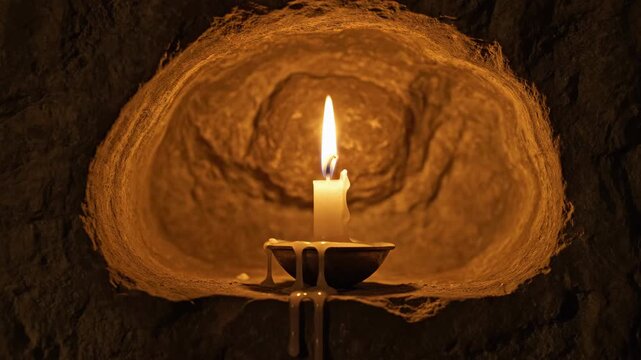 Single lit candle with dripping wax in a rustic textured alcove casting warm light on rough stone walls creating an atmosphere of quiet solitude and ancient ambiance