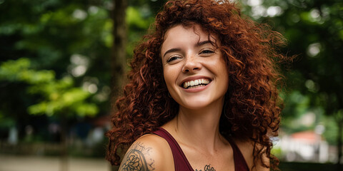 Portrait of a Happy Young Woman with Curly Red Hair and Freckles Smiling Outdoors in a Park