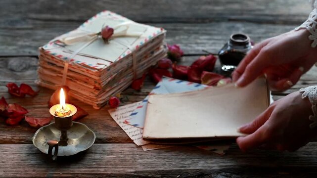 A woman looks through and shuffles old letters, looking for something.