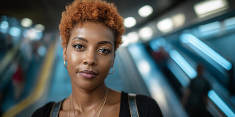 Confident young Black woman with short curly reddish-brown hair posing in a modern urban subway station with blurred escalators in the background.