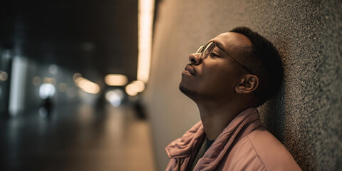 Thoughtful young African American man with glasses leaning against a wall in an urban tunnel with eyes closed, reflecting or resting in a cinematic setting.