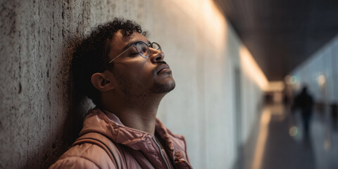 Stressed young man leaning against concrete wall with eyes closed, reflecting in a modern building corridor.