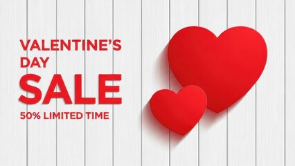 Valentine's Day Sale 50 Percent Off with Red Hearts on White Wood Background
