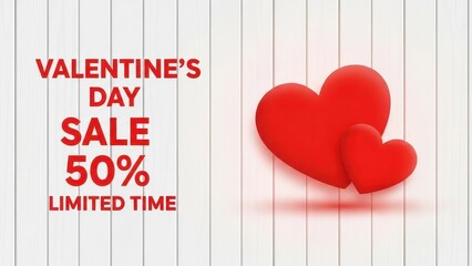 Valentine's Day Sale 50 Percent Off with Red Hearts on White Wood Background for Valentine's Day offer