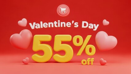 Valentine's Day Sale 55 Percent Off with Shopping Cart Icon and Hearts on Red Background