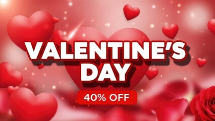 Valentine's Day Sale 40 Percent Off with Red and Pink Hearts and Balloons discount offer