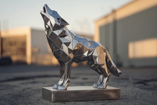 Majestic geometric wolf statue in a howling pose  a stunning art piece for nature lovers