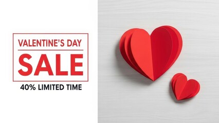 Valentine's Day Sale With 40 Percent Discount And Red Paper Hearts On Wood valentines day offer only