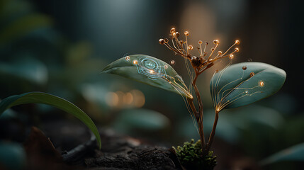 Futuristic Plant with Integrated Circuitry and Glowing Bioluminescence - Concept Art for Sustainable Technology and Biotechnology