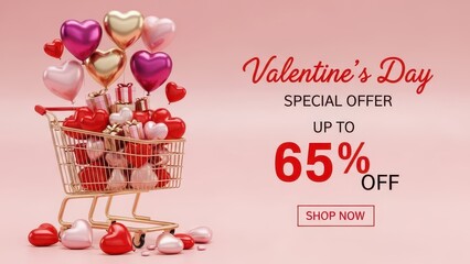 Valentine's Day shopping cart filled with heart balloons and gift boxes with a special offer up to 65 Percent off