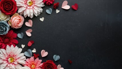 Valentine's Day, creative pattern with flowers, paper hearts, overlaid pastel background