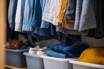 Under-shelf view of a neatly organized closet showcasing folded clothes, shoes, and storage bins