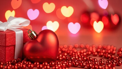 lights blurred into bokeh effect with Close-up of ribbon detail on a present