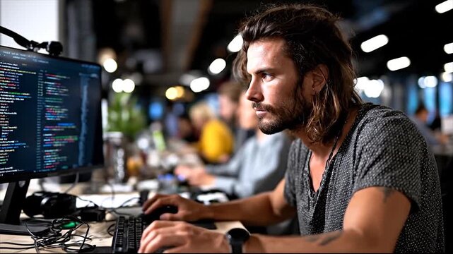 Man working on computer, coding, programming, software development, technology.