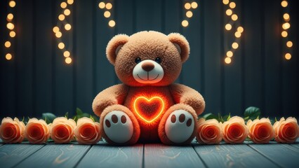 Valentines Day table featuring a teddy bear and glowing roses in soft lighting, vibrant, overlay, indoor decoration