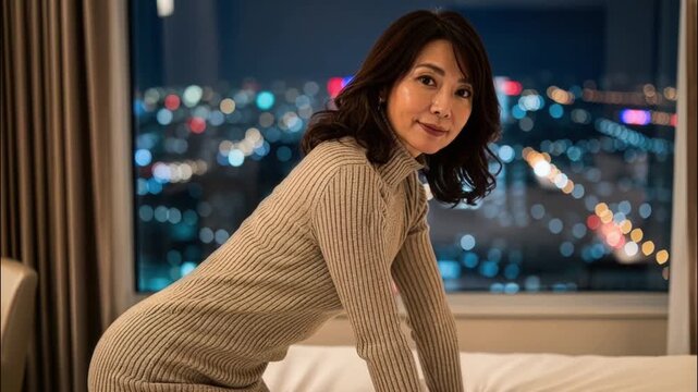 ホテルのベッドで枕を抱えてポーズをとる女性