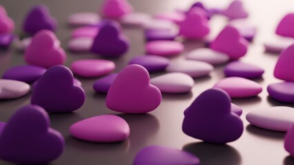 Vibrant magenta hearts reflecting on wet surface with romantic bokeh lights