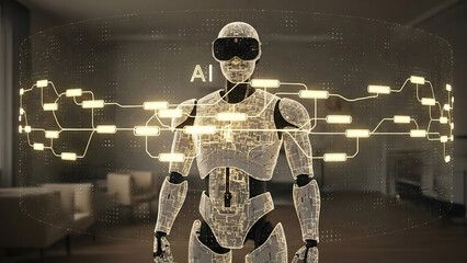 Futuristic AI Robot with VR Goggles and Network Connections in a Modern Interior.