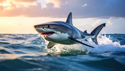 Great White Shark Leaping from the Ocean at Sunset.