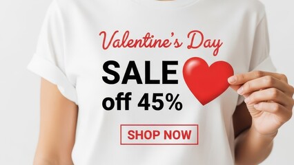 Woman Holding Red Heart With Valentine's Day Sale 25 Percent Off Text for discount offer