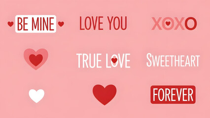 Collection of Valentine's Day Phrases and Heart Icons on Pink Background love be mine
