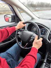The driver's hands on the steering wheel of a car while driving