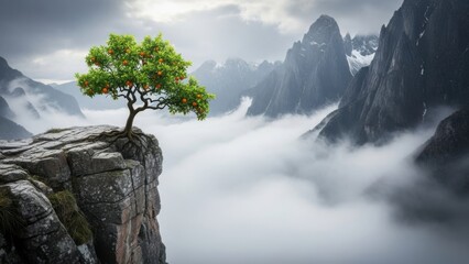 Lone tree on cliff edge in dramatic mountain landscape