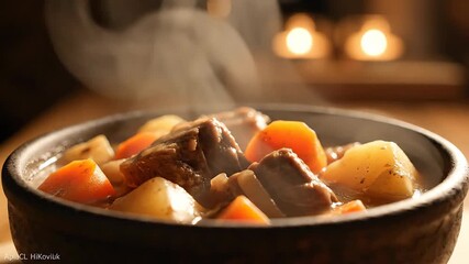 A closeup shot of a rustic hearty beef stew brimming with tender chunks of meat soft potatoes and vibrant carrots emitting inviting steam in a warm cozy indoor setting perfect for a comforting meal.