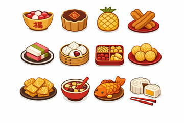 Chinese New Year Icon Pack with Sweets and Traditional Desserts Flat Style