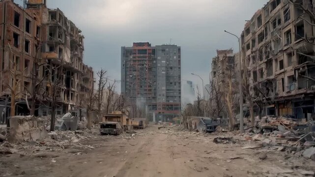 Striking image of a destroyed city street filled with rubble after city bombing, perfect for illustrating disaster recovery and urban destruction concepts