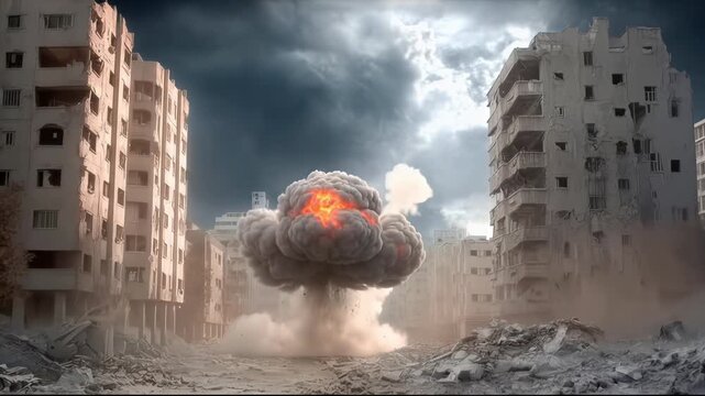 Dramatic scene of a destroyed city street filled with rubble and smoke, showcasing urban devastation and powerful visual impact for commercial creative projects, featuring after city bombing