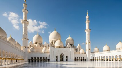 Fototapeta premium Grand white mosque with minarets under blue sky