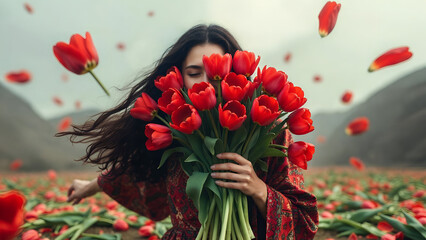 Stunning young woman standing in vast field of blooming red tulips holding large bouquet close, wind in hair and dramatic sky, romantic spring nature portrait, vivid colors and freedom in AI generated