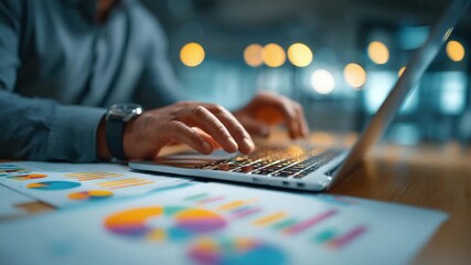 Hands typing on laptop keyboard focused on charts and graphs in an office setting with blurred lights in the background during evening hours - Powered by Adobe