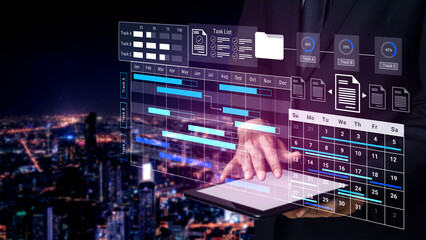 A businessman reviews crucial data on a tablet, with a captivating city backdrop at night. The digital interface highlights project management and scheduling tools. Gantry