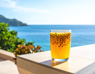 Naklejka premium Indulge in fresh passion fruit juice on a sunlit terrace overlooking a tropical ocean. This vibrant shot captures summer relaxation and luxury travel, perfect for hospitality and wellness ads.