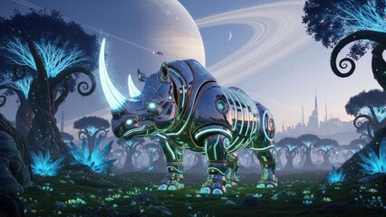 Futuristic robotic elephant in glowing alien forest