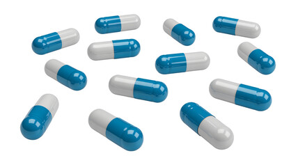 Blue and white capsules in scattered arrangement with soft focus and white background for pharmaceutical advertising