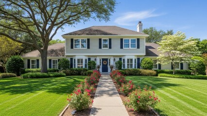 Classic white suburban house with large green lawn